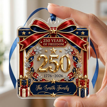Personalized America 250th Gift Box Acrylic Ornament, Custom Patriotic Holiday Keepsake