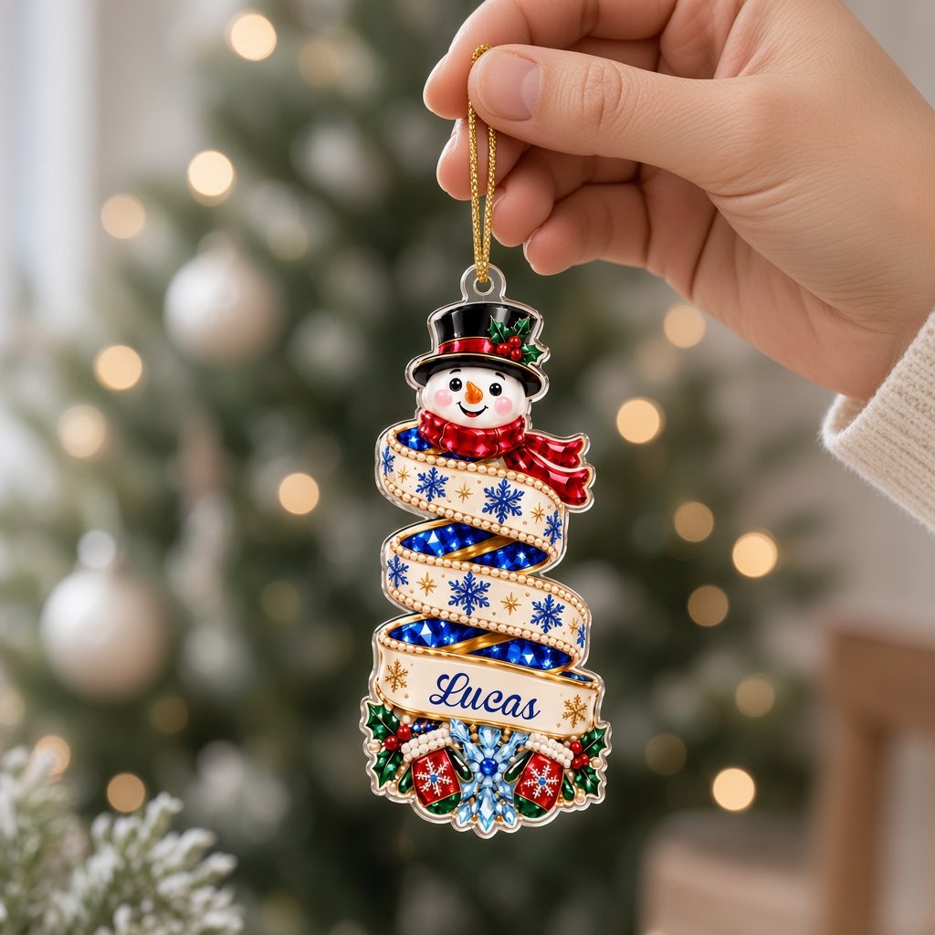 Custom-cut acrylic ornament showing a reindeer or Santa head wrapped in a name banner with holly and candies.
