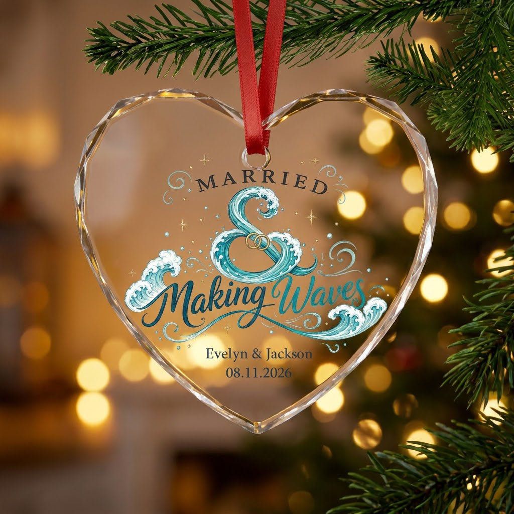 Personalized Married & Making Waves Coastal Heart Glass Ornament