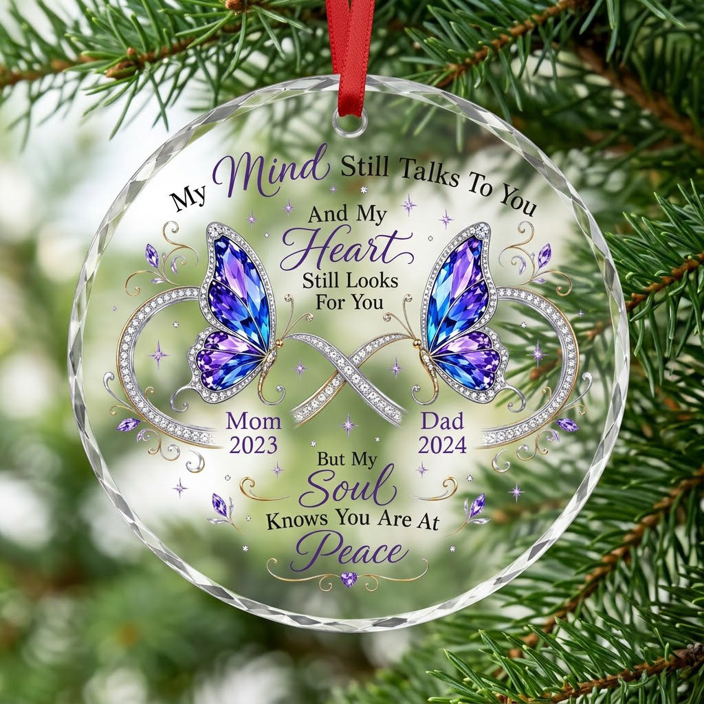 Round faceted glass ornament with two jeweled purple and blue butterflies, memorial quote, and personalized name and yea
