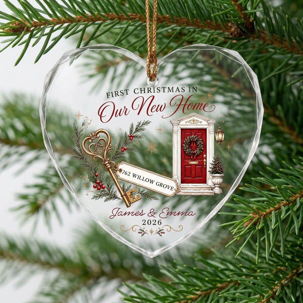Personalized First Christmas in Our New Home Key Front Door Heart Glass Ornament