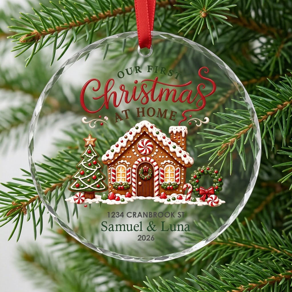 Personalized Our First Christmas at Home Gingerbread Cottage Round Glass Ornament