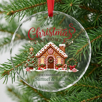 Personalized Our First Christmas at Home Gingerbread Cottage Round Glass Ornament