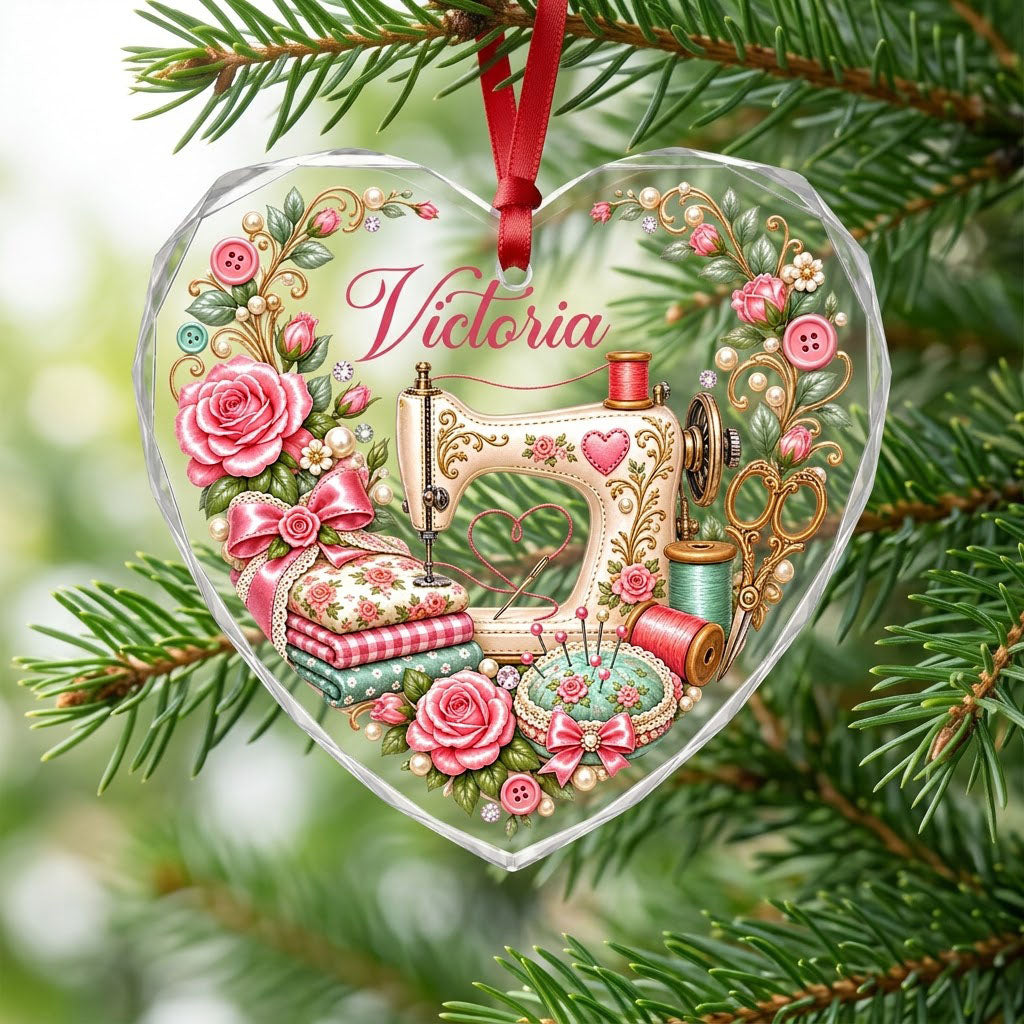 Heart-shaped glass ornament with vintage cream sewing machine, pink roses, buttons, and a personalized name.