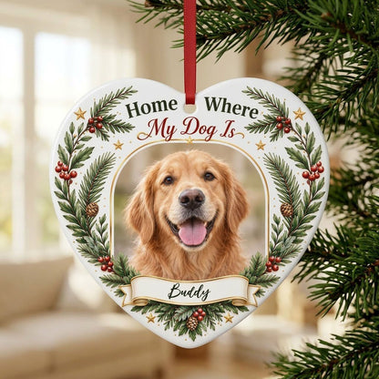 Heart ceramic ornament with gold arched dog photo frame, pine greenery, holly berries, and 'Home Where My Dog Is'.
