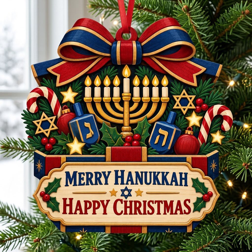 Gift box-shaped wood ornament with menorah, dreidels, candy canes, holly, stars, and Merry Hanukkah Happy Christmas text