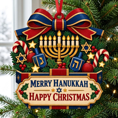 Gift box-shaped wood ornament with menorah, dreidels, candy canes, holly, stars, and Merry Hanukkah Happy Christmas text