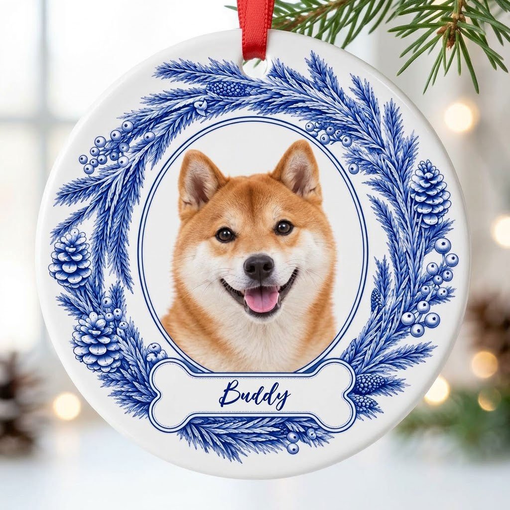 Round ceramic ornament with blue pine wreath, oval dog photo frame, and a blue-outlined bone at the bottom.