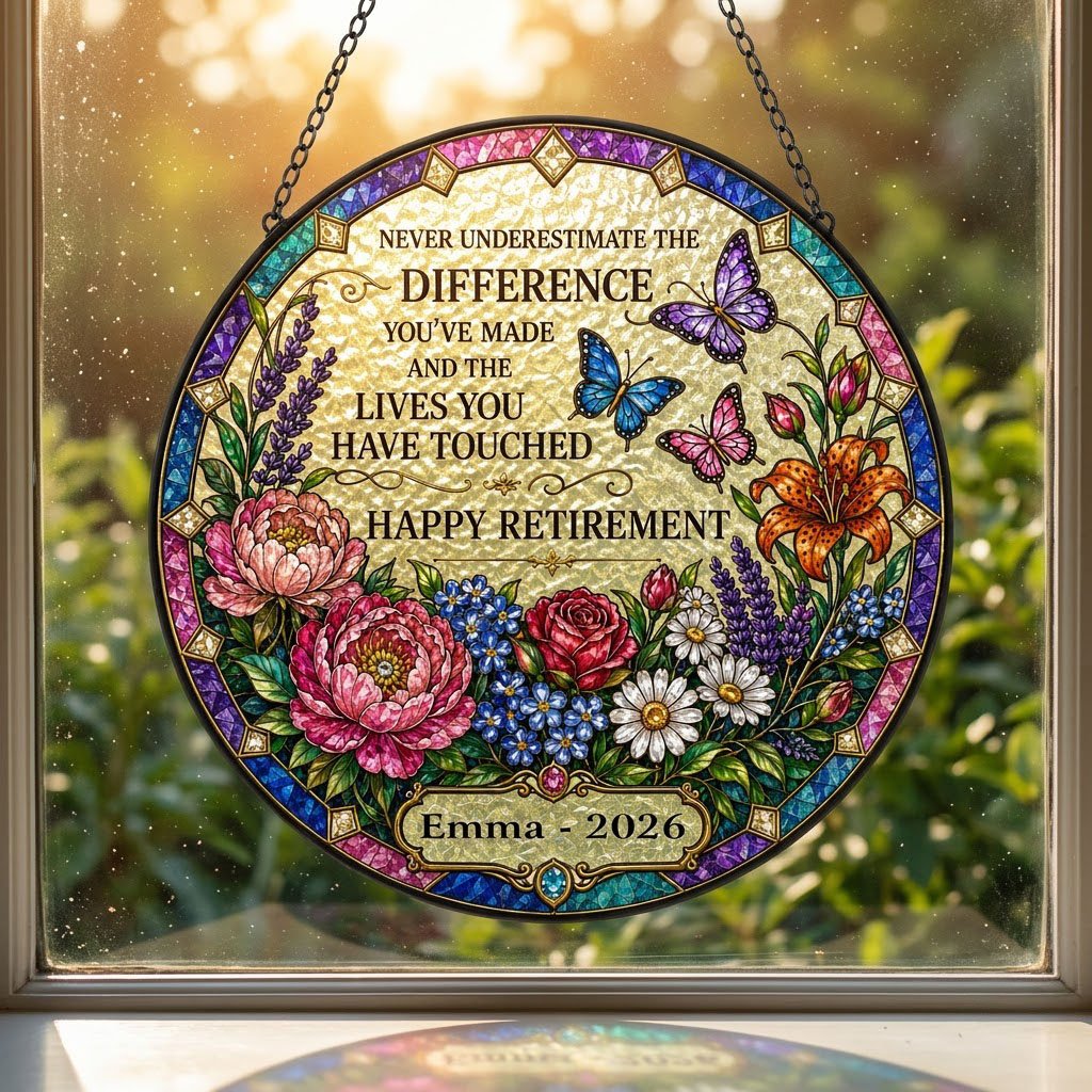 Personalized Retirement Floral Garden Never Underestimate The Difference Happy Retirement Stained Glass Round Suncatcher