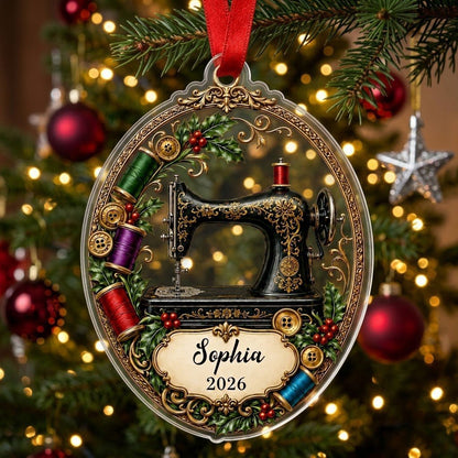 Personalized Vintage Sewing Machine Acrylic Ornament, Custom Quilter Seamstress Holiday Keepsake