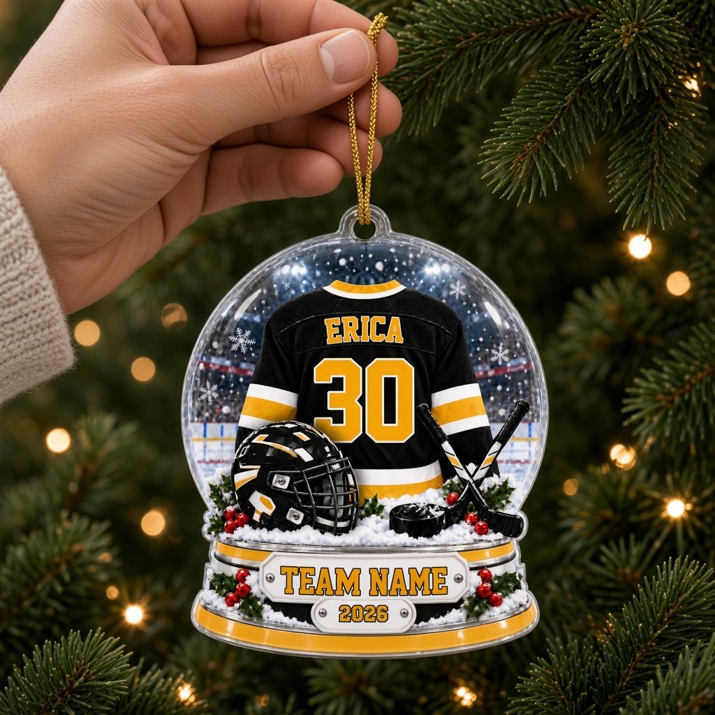 Snow globe acrylic ornament with black and gold hockey jersey, crossed sticks, puck, holly and a year plaque.