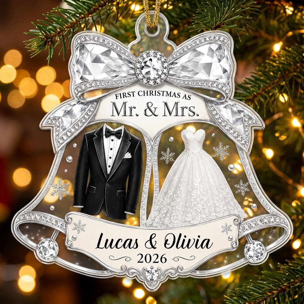 Double bell acrylic ornament with tuxedo, wedding gown, silver bow, and FIRST CHRISTMAS AS Mr. & Mrs. text.