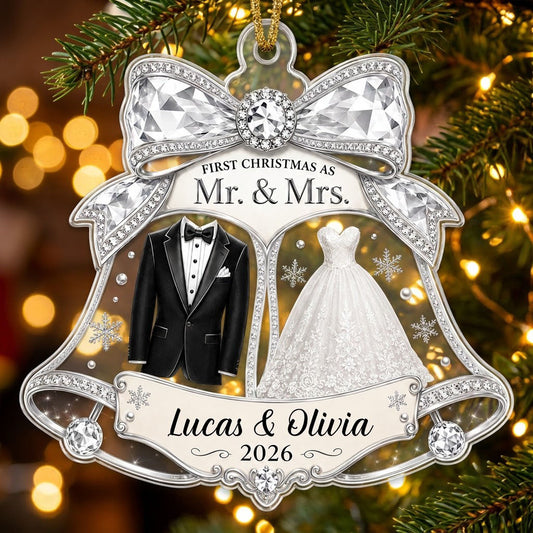 Double bell acrylic ornament with tuxedo, wedding gown, silver bow, and FIRST CHRISTMAS AS Mr. & Mrs. text.