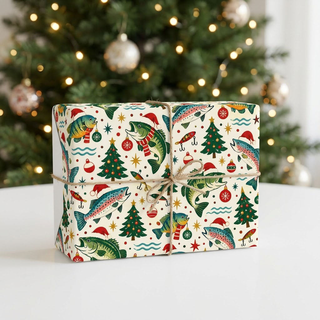 Wrapping paper with fish in Santa hats and scarves, trees, ornaments, lures, stars and blue wavy lines