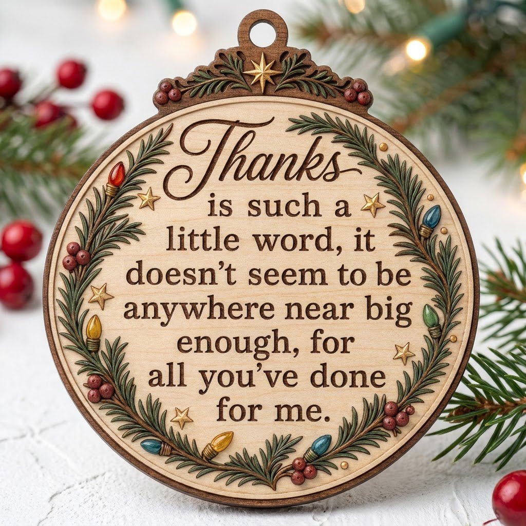 Wood ornament with arched top, pine branches, colorful lights, red berries, gold stars, and a heartfelt thank-you quote.