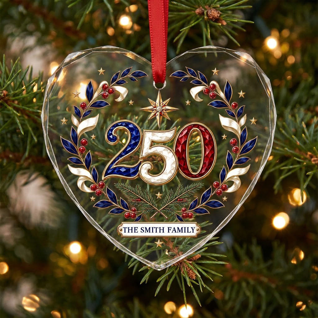 Personalized 250th Anniversary Patriotic Wreath Heart Glass Ornament