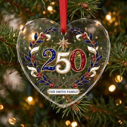 Personalized 250th Anniversary Patriotic Wreath Heart Glass Ornament