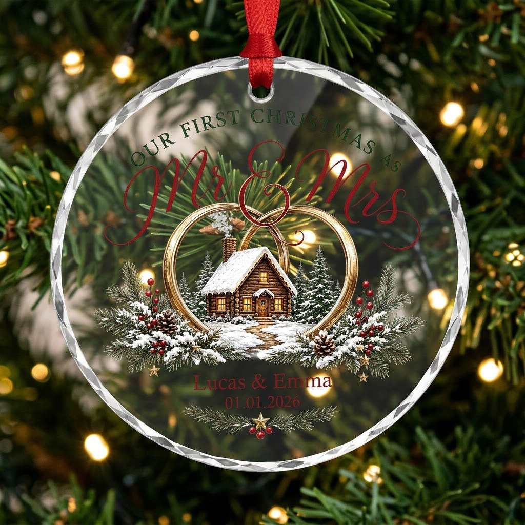 Personalized Our First Christmas as Mr & Mrs Winter Cabin Round Glass Ornament