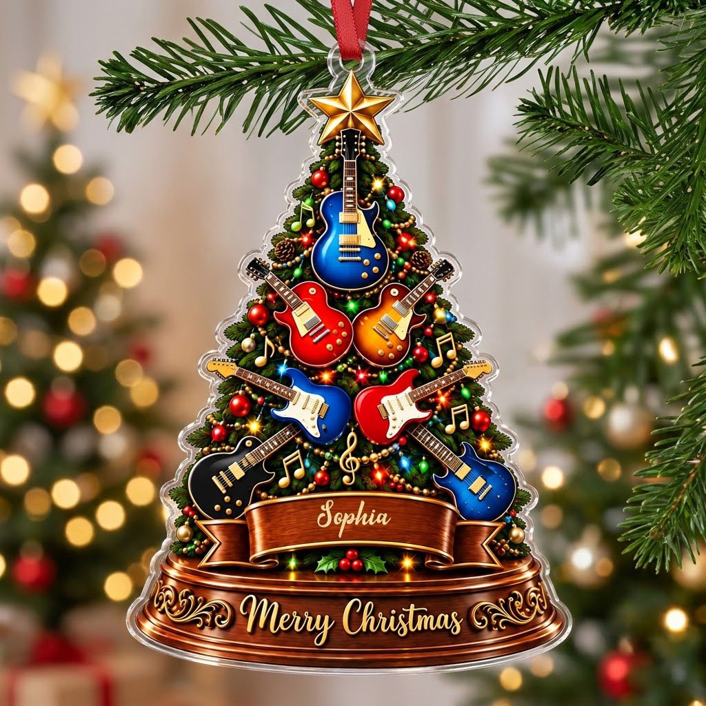 Green tree-shaped acrylic ornament with electric guitars, gold music notes, a name banner, and a gold star topper.