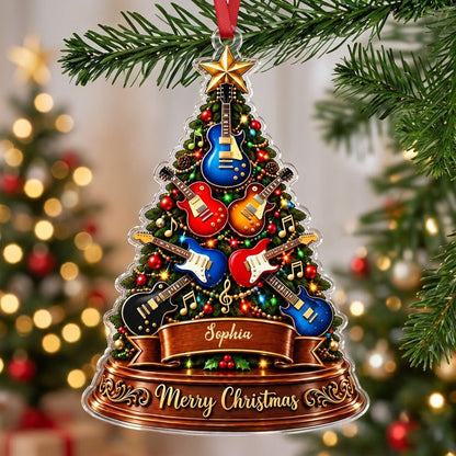 Green tree-shaped acrylic ornament with electric guitars, gold music notes, a name banner, and a gold star topper.