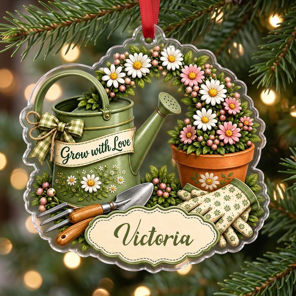 Green watering can with bow, garden tools, and floral pot with ‘Grow with Love’ and a name on a clear acrylic ornament.