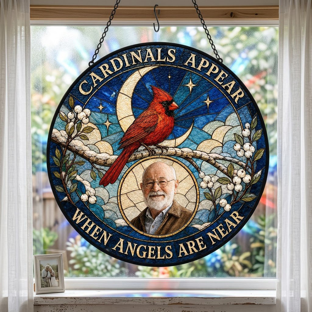 Round stained-glass style suncatcher with a red cardinal, starry blue sky, crescent moon, and a circular frame with a pe