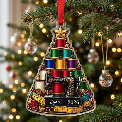 Personalized Vintage Sewing Tree Acrylic Ornament, Custom Quilter Seamstress Keepsake