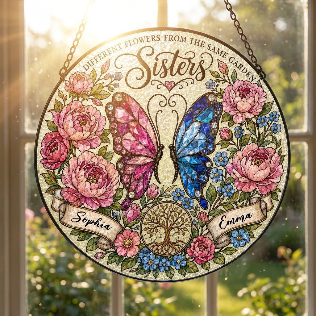 Round suncatcher with pink and blue butterfly, peony wreath, Tree of Life, and Sisters text with two name ribbons.