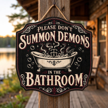 Ornate plaque with tub, bat-winged black cat, bubbles, stars, and 'Please Don't Summon Demons in the Bathroom'.