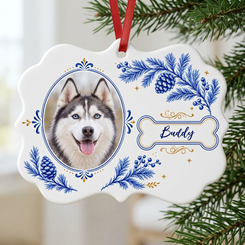 Medallion ceramic ornament with blue and gold filigree, bone name banner, and a custom husky dog photo on white.