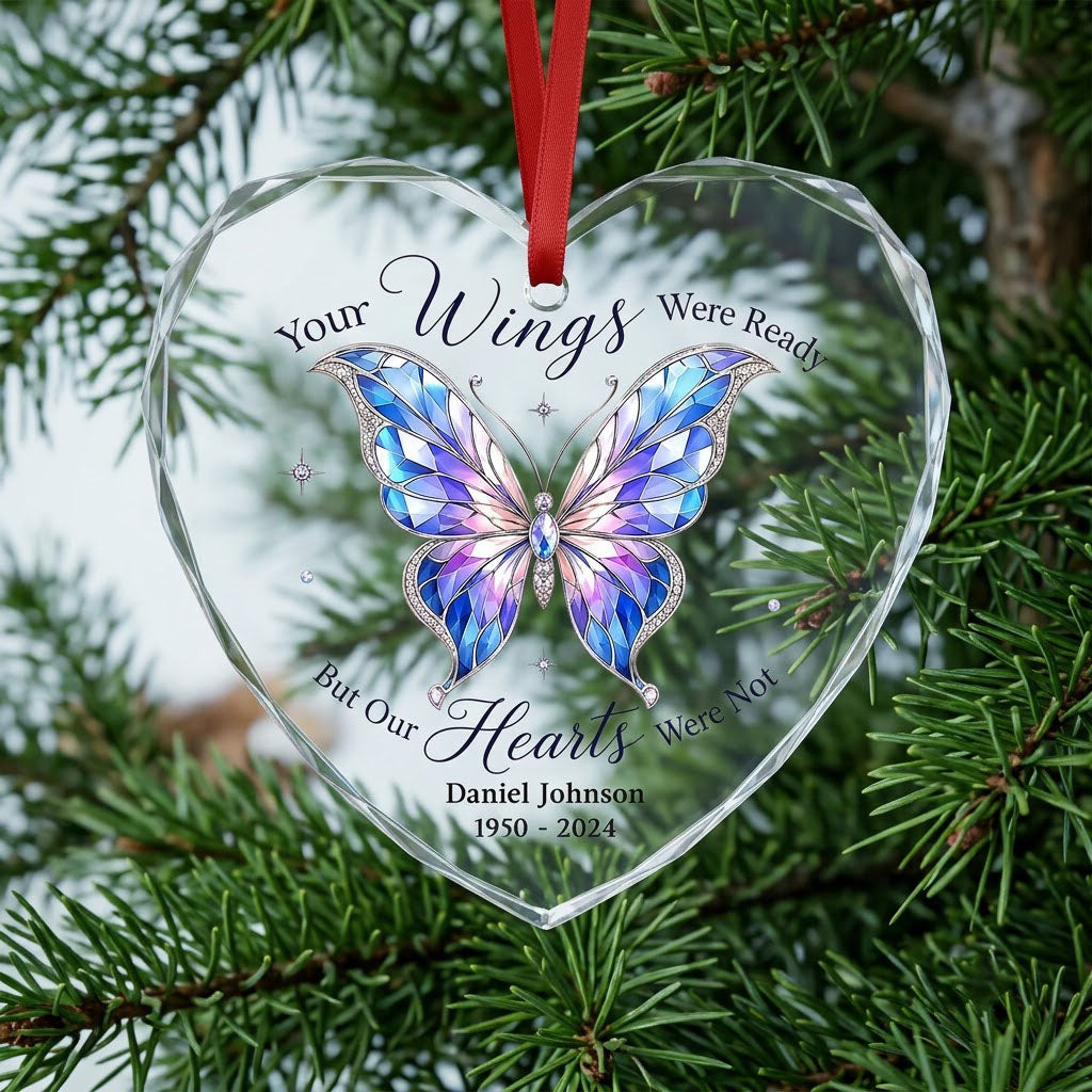 Personalized Butterfly Memorial Your Wings Were Ready Jeweled Heart Glass Ornament
