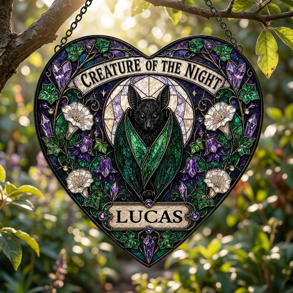 Heart stained glass suncatcher with a black bat over a moon, ivy, white morning glory flowers, purple bellflowers, and c