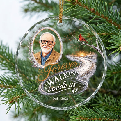 Round glass ornament with birch oval frame, custom photo, red cardinal, winter path and bench, and 'Forever WALKING besi