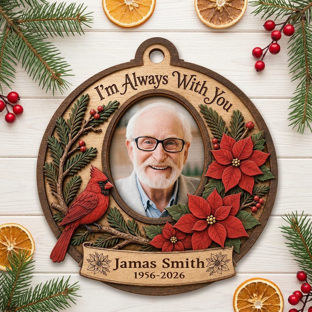 Bauble-shaped wood ornament with oval photo frame, red cardinal, pine, berries, and poinsettias with ribbon banner