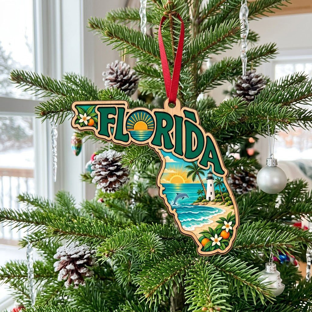 Florida state wood ornament with "FLORIDA", beach waves, dolphin, lighthouse, palm trees, and orange blossoms.