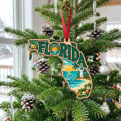 Florida state wood ornament with "FLORIDA", beach waves, dolphin, lighthouse, palm trees, and orange blossoms.