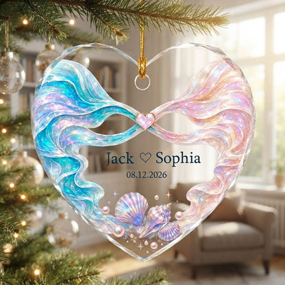 Personalized Iridescent Ribbon Seashell Heart Glass Ornament