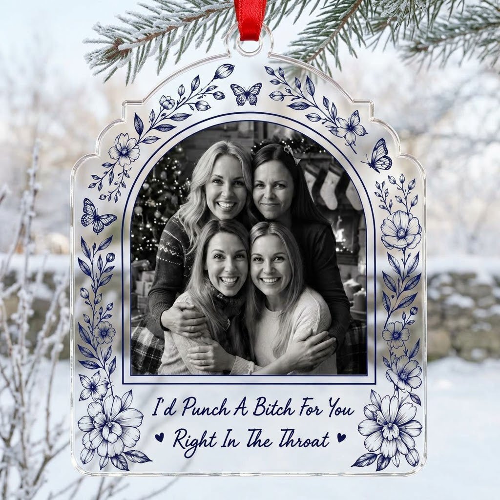 Clear acrylic arch ornament with navy floral border, butterflies, bold quote and a black-and-white friends photo.