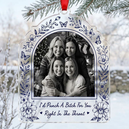 Clear acrylic arch ornament with navy floral border, butterflies, bold quote and a black-and-white friends photo.