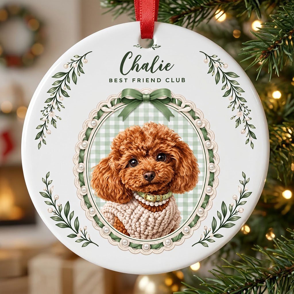 Round ceramic ornament with a poodle portrait, 'BEST FRIEND CLUB', green gingham, bow, and leafy sprigs.