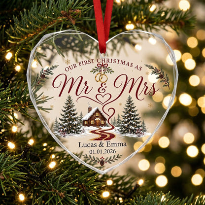 Personalized Our First Christmas as Mr & Mrs Winter Cabin Ribbon Heart Glass Ornament