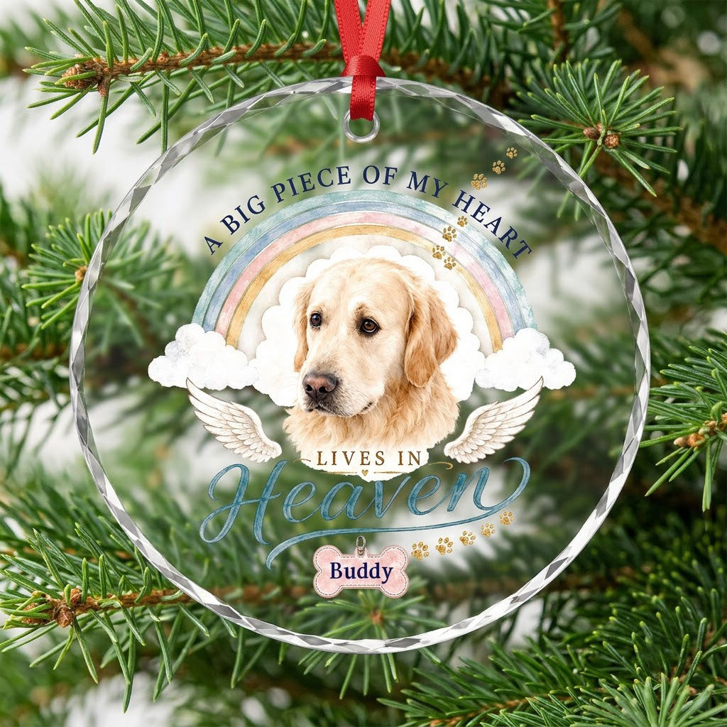 Personalized Dog Memorial Photo Rainbow Bridge A Big Piece Of My Heart Round Glass Ornament
