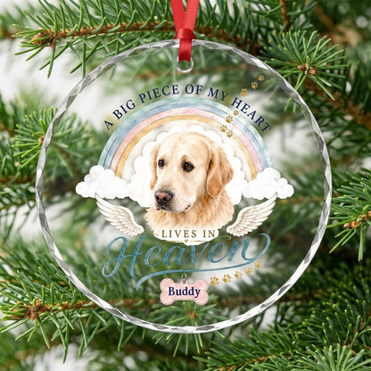 Personalized Dog Memorial Photo Rainbow Bridge A Big Piece Of My Heart Round Glass Ornament