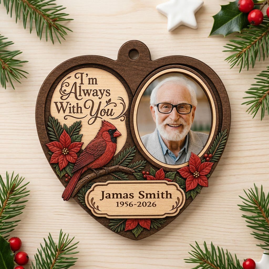 Heart-shaped wood ornament with red cardinal, poinsettias, a right-side photo frame, and 'I'm Always With You' text.