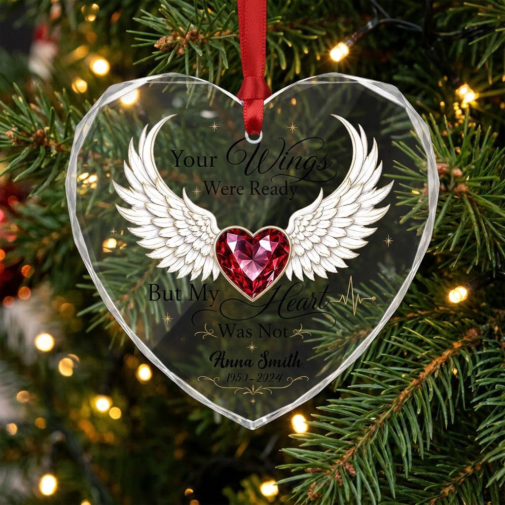 Personalized Angel Wings Memorial Your Wings Were Ready Ruby Heart Glass Ornament