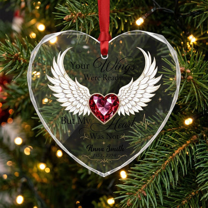 Personalized Angel Wings Memorial Your Wings Were Ready Ruby Heart Glass Ornament
