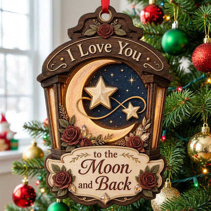 Wood ornament with red roses, crescent moon and stars on a night sky, and the phrase I Love You to the Moon and Back.