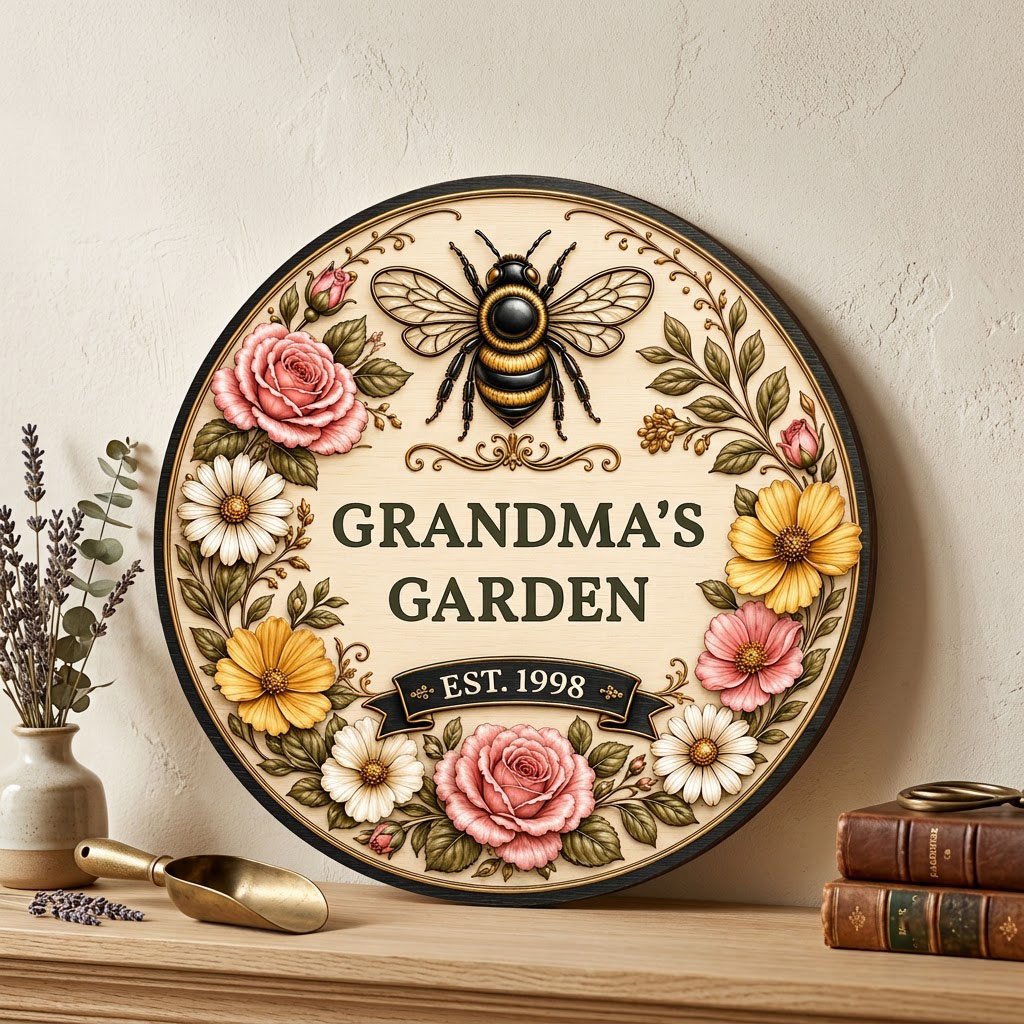 Round wooden sign with 'GRANDMA'S GARDEN', a gold-and-black bee, floral wreath, and EST. year on a light wood background
