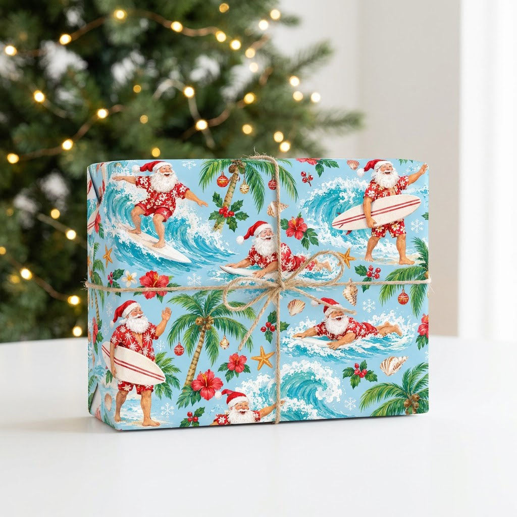 Surfing Santa with palm trees, hibiscus, starfish and seashells on light blue tropical wrapping paper.