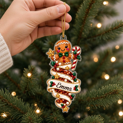Custom acrylic ornament with a cute elf and smiling snowman on jeweled swirl banners with personalized names